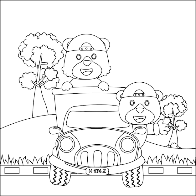 Vector illustration of cute two bear on a road trip truck colouring book or page