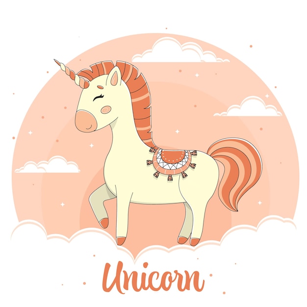 Vector illustration of a cute unicorn unicorn standing on a cloudcartoon unicorn character vector