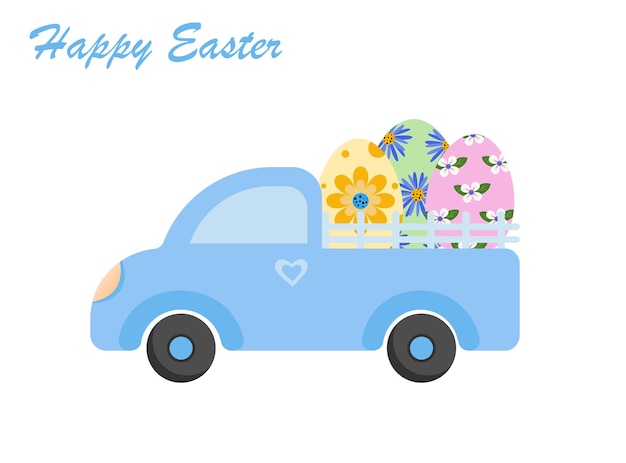 Vector illustration of a cute vintage truck carrying Easter eggs.