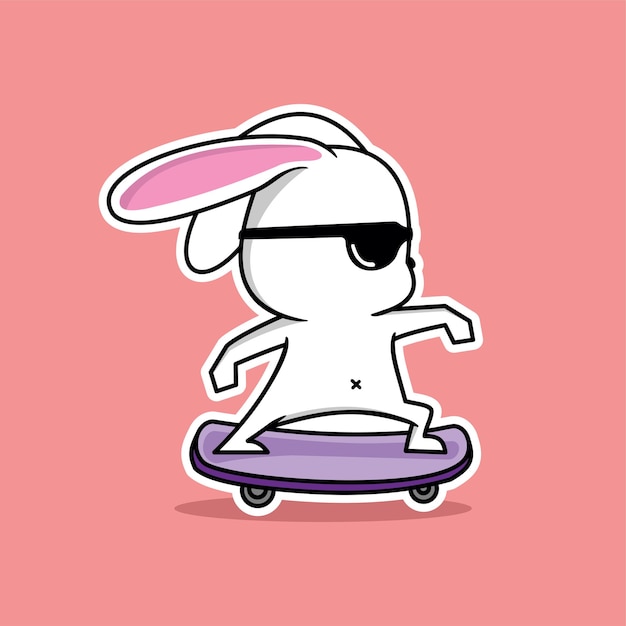 Vector vector illustration of cute white bunny playing skateboard