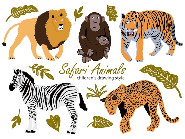 Vector illustration of cute wild safari african animals including lion leopard zebra tiger monkey wi