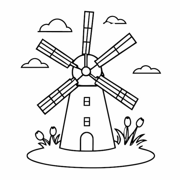 Vector vector illustration of a cute windmill drawing for kids page