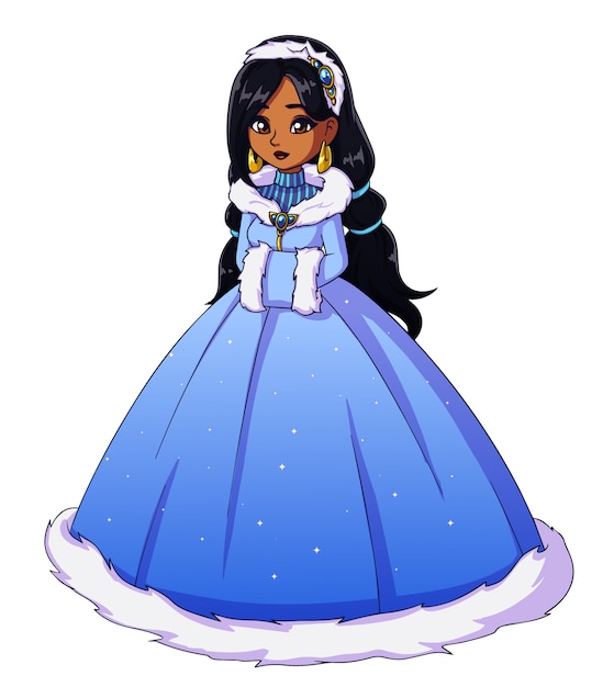 Vector illustration of cute winter princess wearing long blue dress