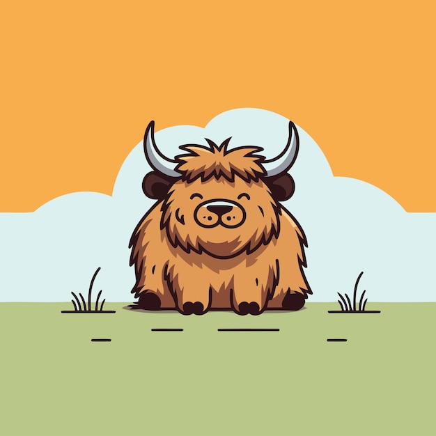 Vector vector illustration of a cute yak sitting on the grass in the field