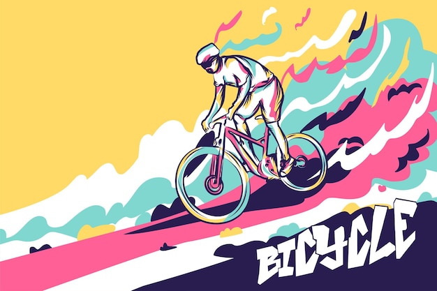 Vector vector illustration of a cyclist riding along the ocean mountain road