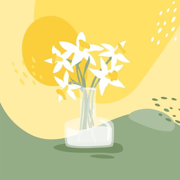 Vector illustration of daffodils in glass vase.