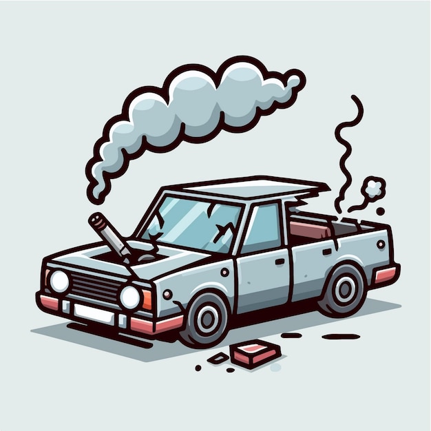 vector illustration of a damaged car emitting smoke