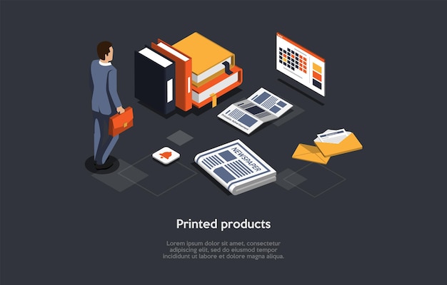 Vector illustration on dark background. isometric composition on printed products concept. cartoon 3d style. businessperson with briefcase, books and document folders, newspapers and letters around.