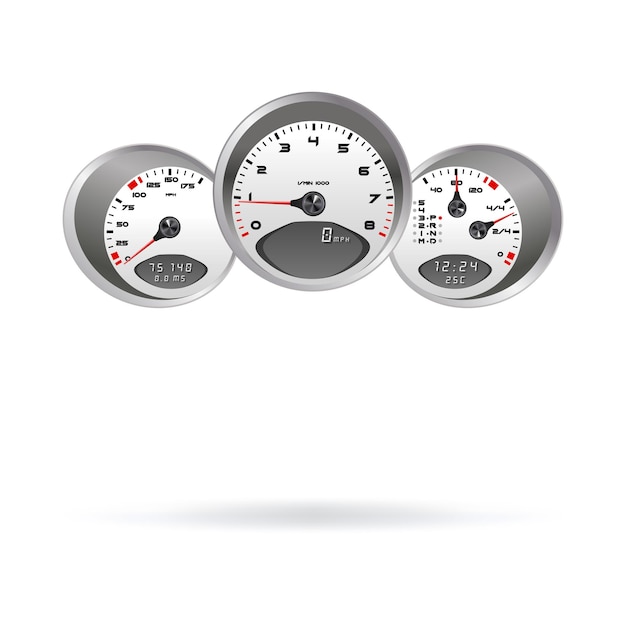 Vector vector illustration, dashboard car speedometer, steering wheel realistic 3d icon