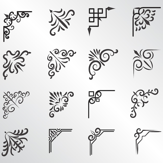 装飾的なコーナーフレームセットのベクトルイラストセット 角の手描き 異なる形状の花