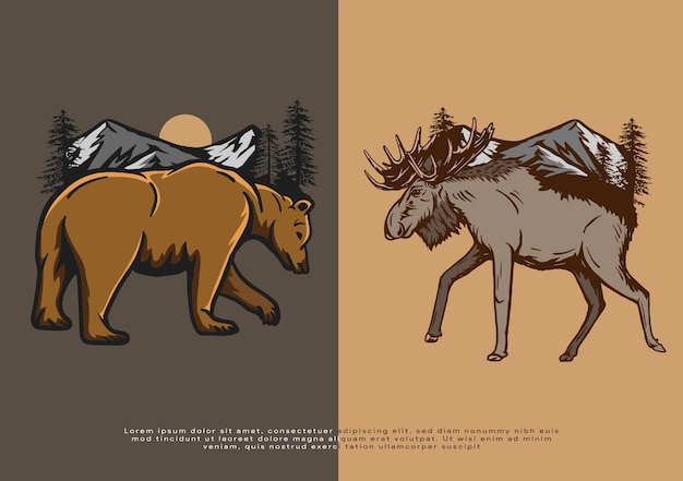 Vector vector illustration deer and bear outdoor camp for printable