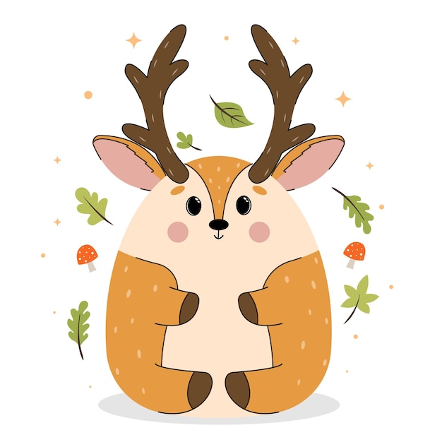 Vector vector illustration of deercute little forest wild animals cute woodland animals with leaves