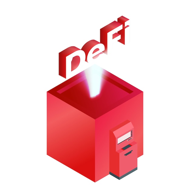 Vector illustration of defi on a podium illuminated. ATM near the building. Isometry. For website and news design