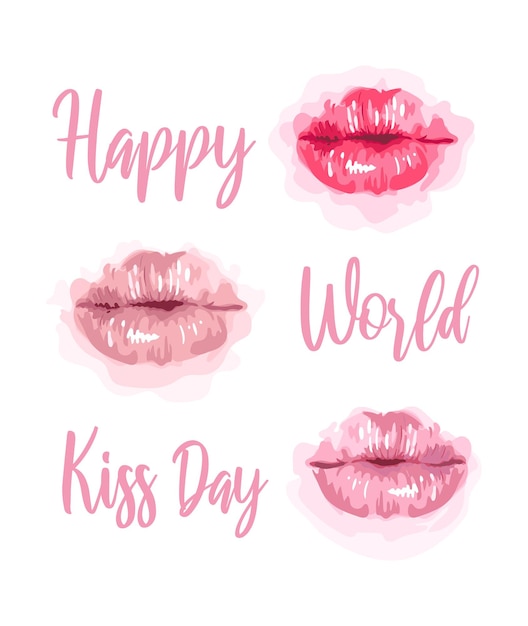 Illustrazione vettoriale di delicate labbra rosa con la scritta happy world kiss day cartolina carina in stile acquerello per poster regalo cartolina poster stampa su tessuto per vestiti