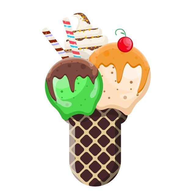 Vector vector illustration delicious colorful ice cream waffle cone