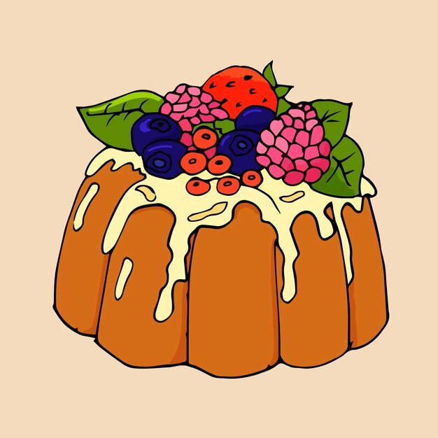 Illustrazione vettoriale di una deliziosa torta con diversi frutti e bacche