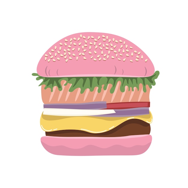 Illustrazione vettoriale di delizioso hamburger panino rosa su sfondo bianco