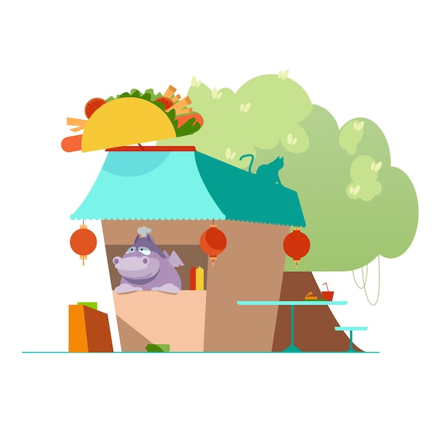 Vector vector illustration depicting a shop assistant, a pink hippopotamus chef with wings and his shop of