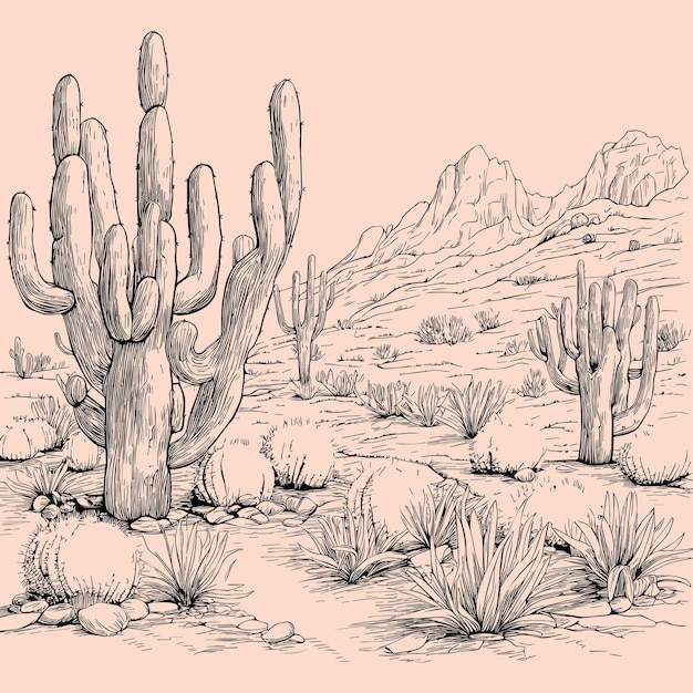 Векторная иллюстрация пустыни с флорой среды обитания