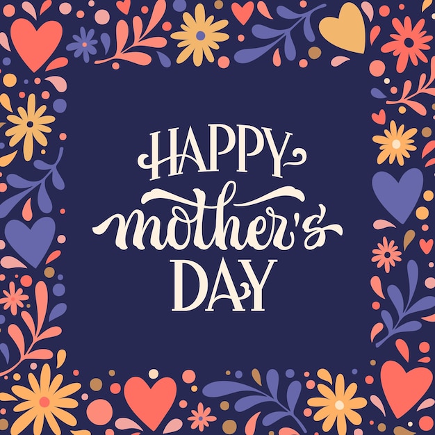 Vector illustration of design of banner for Mother Day celebration in square shaped frame with hearts and flowers on blue background