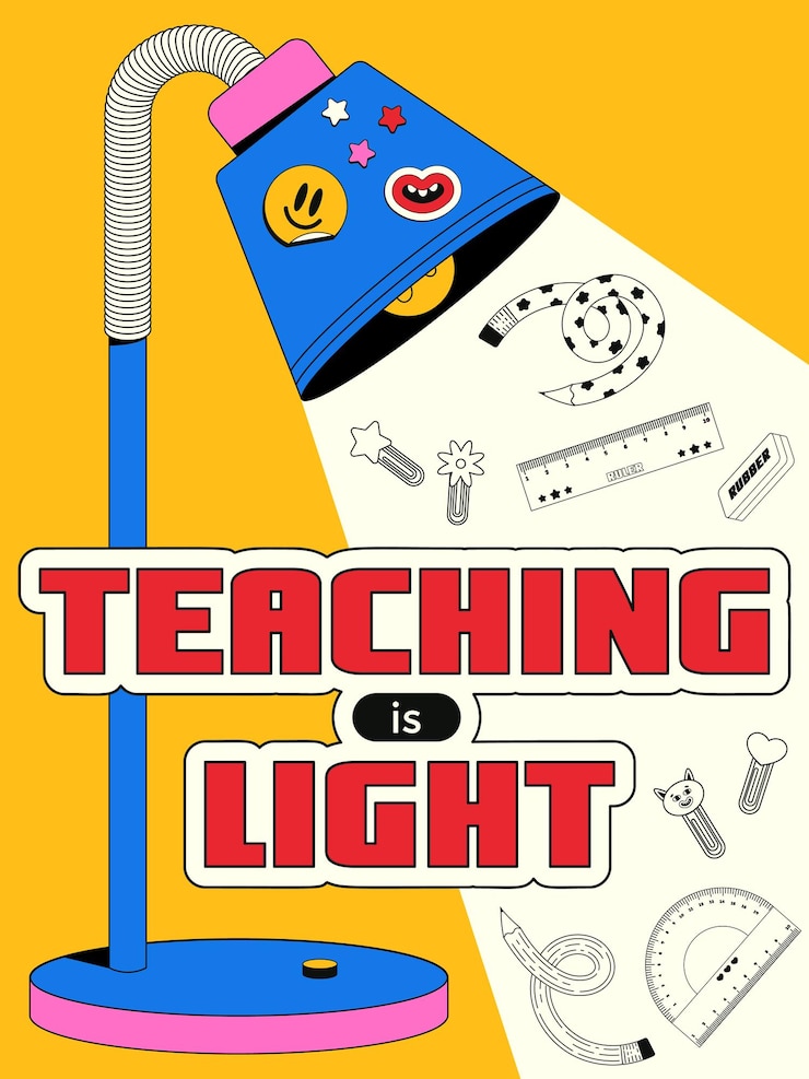 Vector vector illustration of a desk lamp with stickers and a beam of light with various office supplies