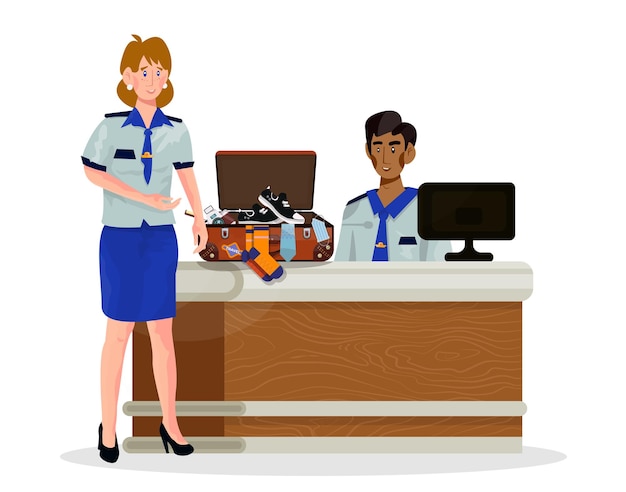 Vector illustration of desk of security search with inspector in an airport on a white isolated background