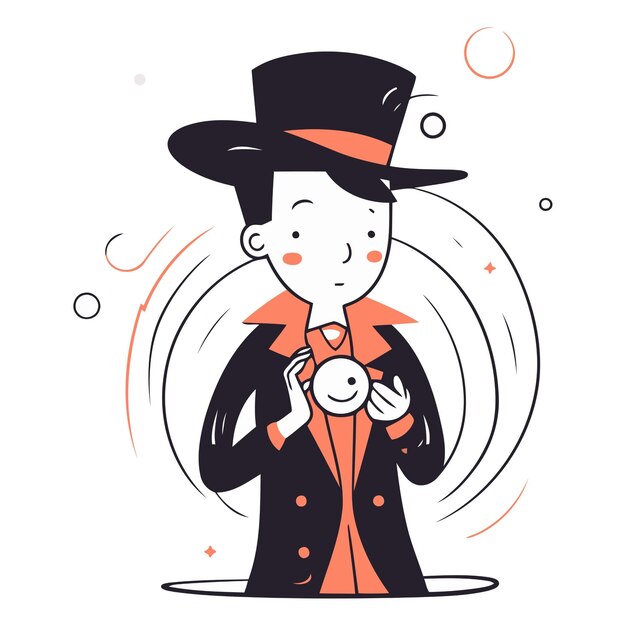 Vector illustration of a detective in a hat and cloak holding a magnifying glass