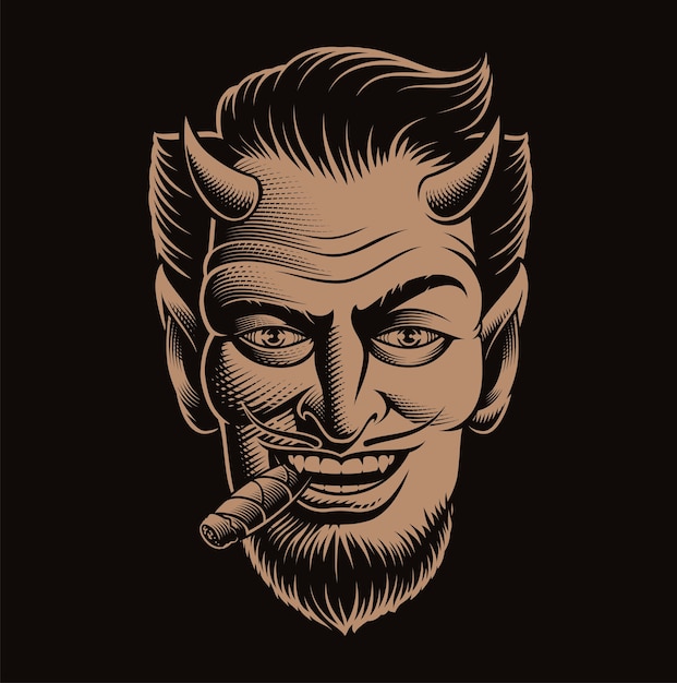 Vector illustration of a devil's face smoking a cigar on dark