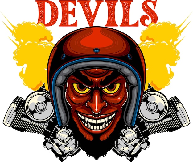 Vector illustration of devil wearing motorcycle helmet in vintage style