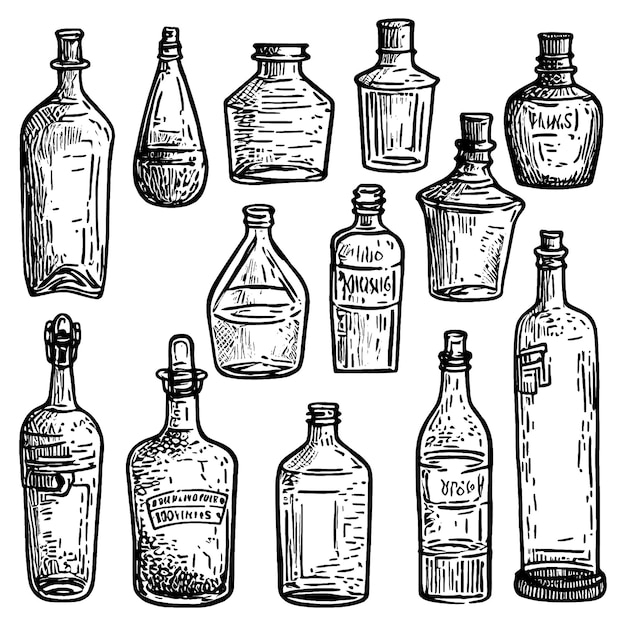 Vector illustration of a different bottles set vintage engraving style