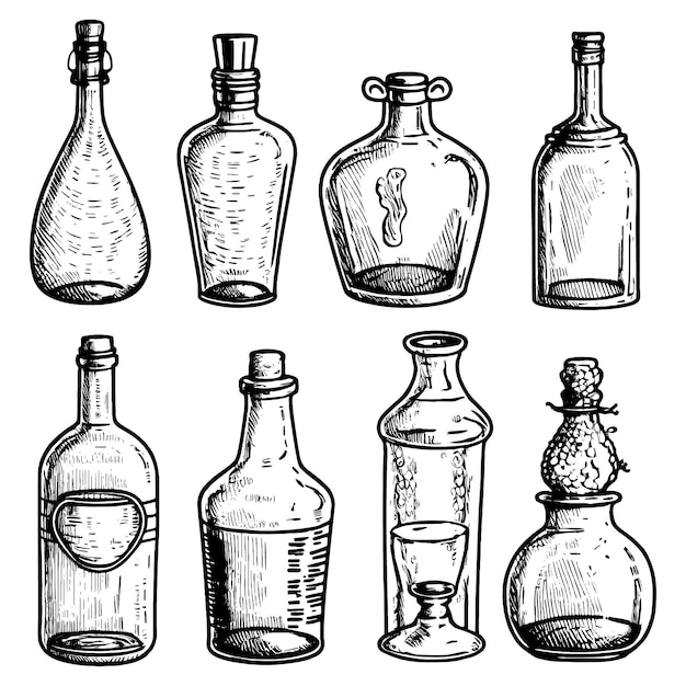 Vector vector illustration of a different bottles set vintage engraving style