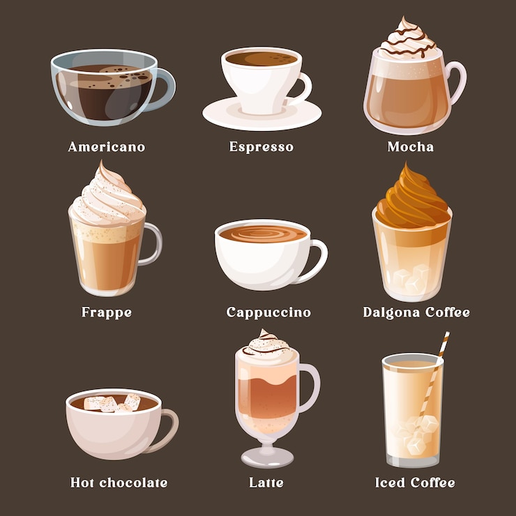 Vector 異なる種類のコーヒー飲み物と名前のベクトルイラスト