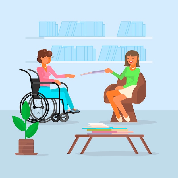 Vettore illustrazione vettoriale di ragazza disabile in sedia a rotelle