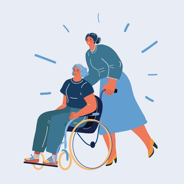 Vector illustration of disabled person in wheelchair and her assistent