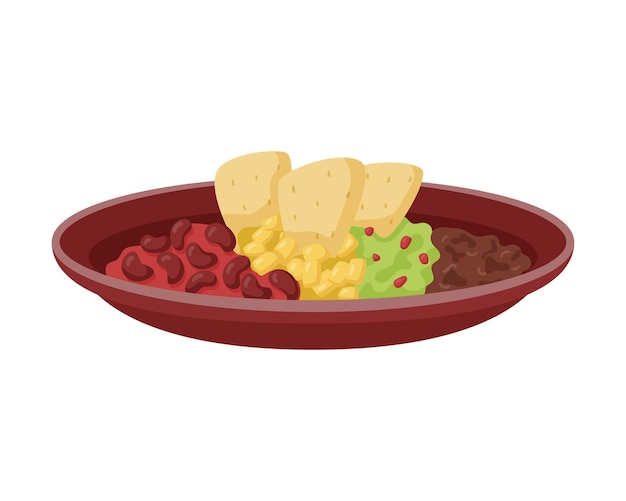 Vettore illustrazione vettoriale di un piatto con cibo messicano fagioli guacamole di mais e nachos isolati su bianco