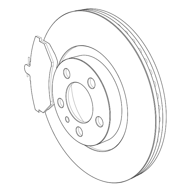 Illustrazione vettoriale del freno a disco con pastiglie di rottura line art isolato su bianco