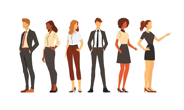 Vector vector illustration of diverse group of businesspeople standing on a white background