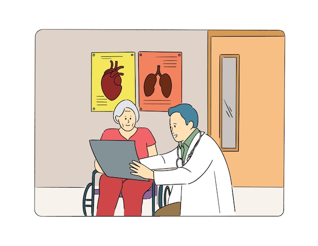 vector illustration of doctor and elderly patient with a wheelchair