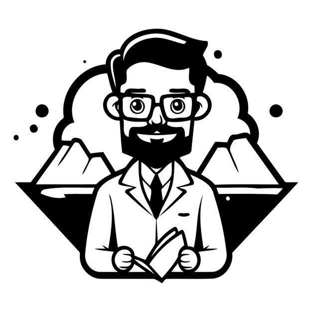 Vector vector illustration of a doctor holding a clipboard in front of mountains