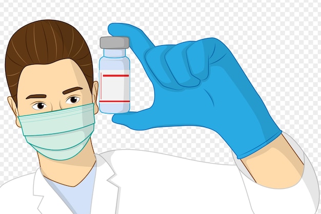 Vector illustration of doctor holding vial in hand on transparent background
