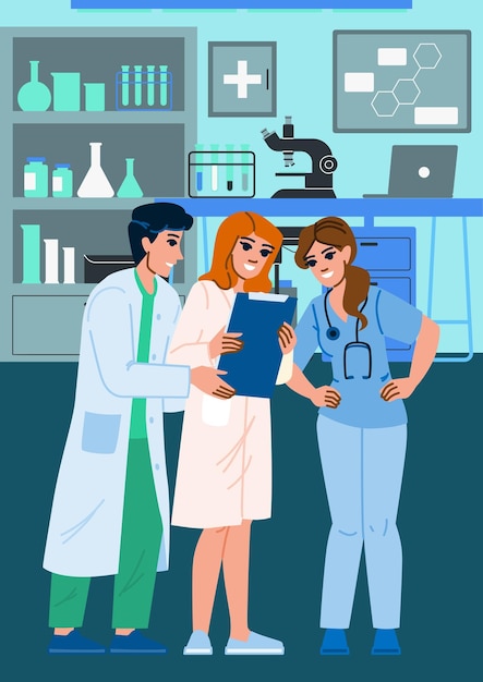 Vector Illustration of Doctor and Nurse Helping Patient Checking Examination Results