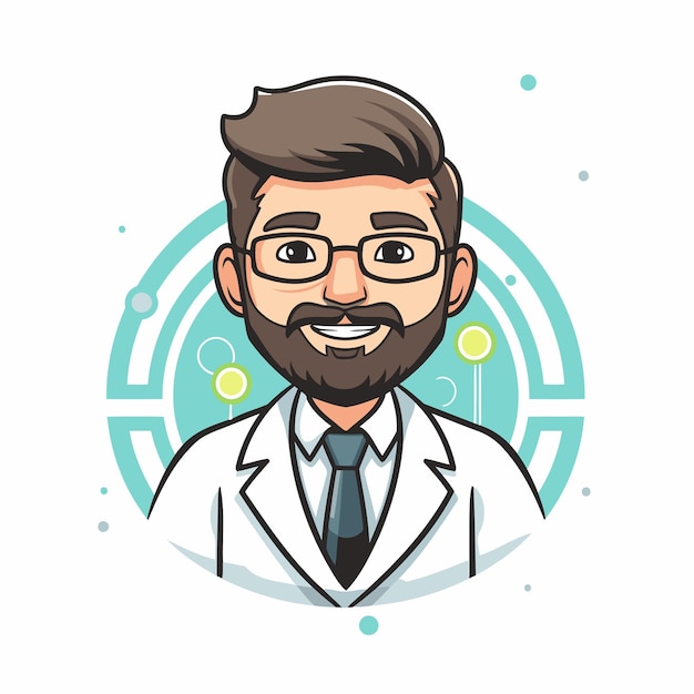 Vector illustration of a doctor in a white coat and glasses with a beard