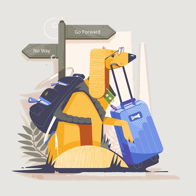 Vettore illustrazione vettoriale del viaggiatore del cane con una valigia e uno zaino