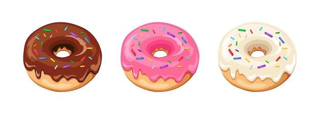 Vector vector illustration of donut with chocolate, pink and white glaze on white background