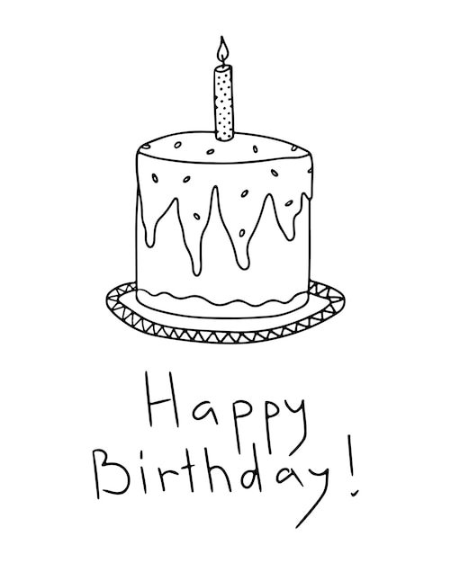 Vector illustration of doodle cake with candle for birthday with lettering