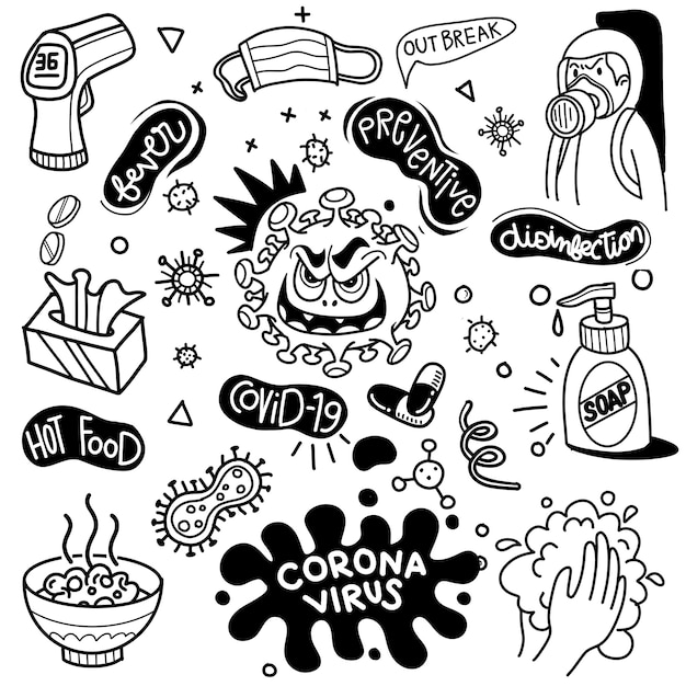 Vettore illustrazione vettoriale di doodle carino per covid-19, corona virus doodle element per infographic design