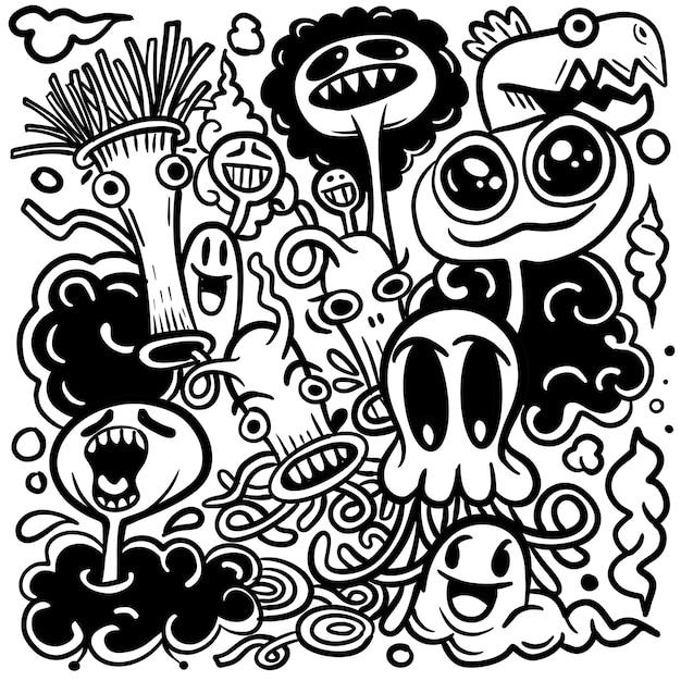 vector illustration of doodle cute monster background hand drawing doodle black and white coloring book