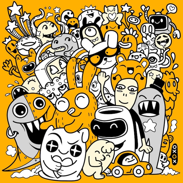 Vector illustration of doodle cute monster background hand drawing doodle