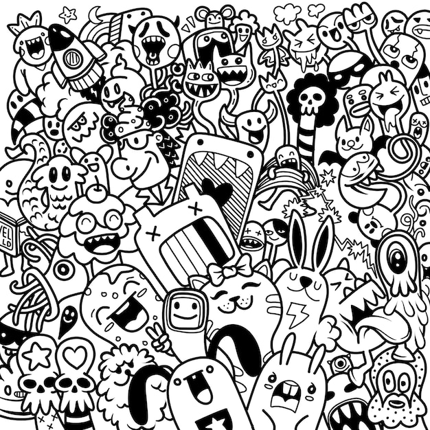 Illustrazione vettoriale di doodle cute monster sfondo disegno a mano doodle