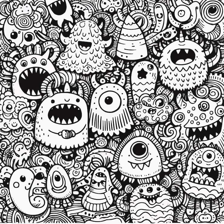 Vector vector illustration of doodle cute monster background hand drawing doodle